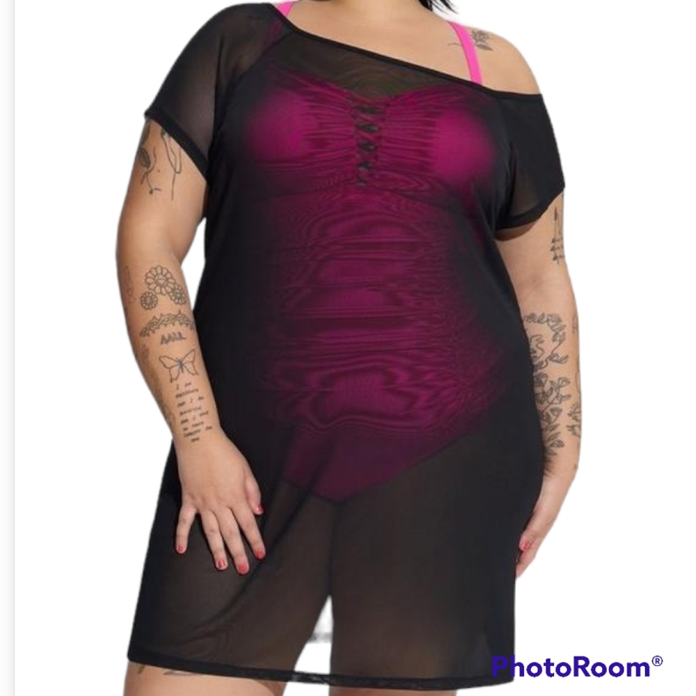 Torrid Black Mesh Swim Off Shoulder Cover Up Dress 2X NWT
